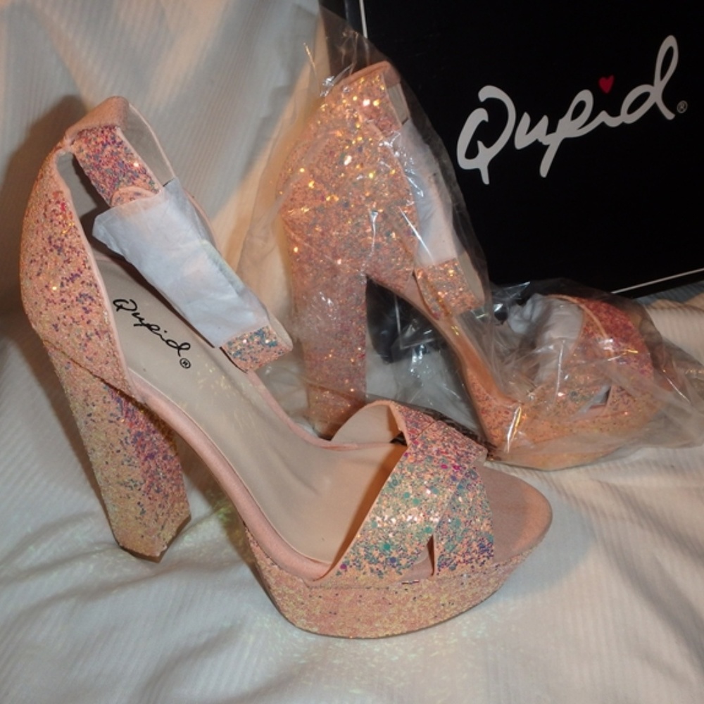 Qupid Open Toe Chunky Heel Pink Glitter Shoes